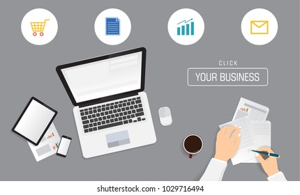 Businessman signing document and using smartphone, tablet for communication with graphic icon. Technology and business concept. Online shopping.