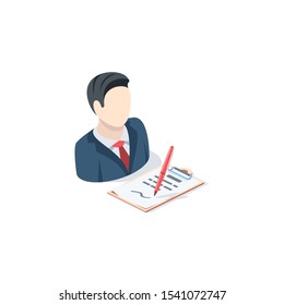 Businessman signing a document. Vector 3d isometric, color web icon, new flat style. Creative illustration design, idea for infographics.