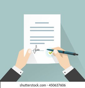 Businessman signing document vector illustration, man hands holding contract signed and pen, legal agreement with signature and stamp top view, flat cartoon design