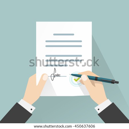 Businessman signing document vector illustration, man hands holding contract signed and pen, legal agreement with signature and stamp top view, flat cartoon design