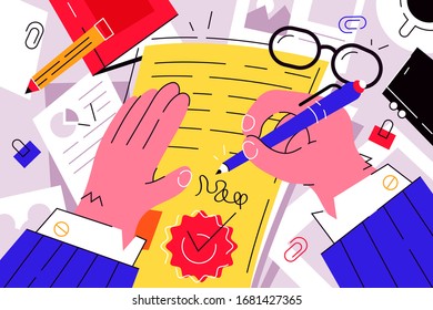 Businessman signing documents vector illustration. Boss signature on important papers flat style design. Paperwork. Business and conclusion of contract concept