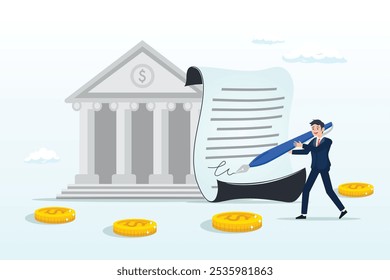 Businessman signing signature on obligation banking document obligation, debt or bank loan responsible to pay back with interest rate, legal money credit or borrowing document with signature concept