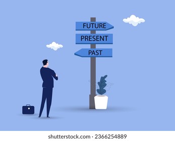 Businessman and a signpost arrows showing three different options, past, present and future course, Choose journey direction. vector illustration.