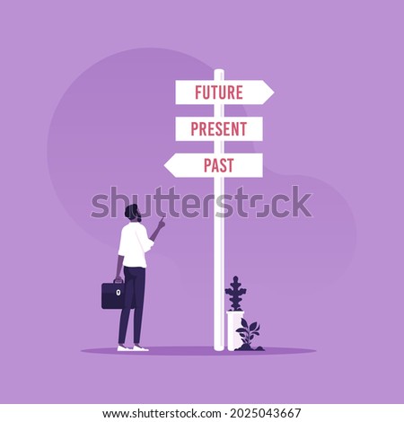 Businessman and a signpost arrows showing three different options, past, present and future course, Choose journey direction