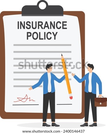 Businessman signs agreement protection document. Make deal compensation legal contract with insurance agent vector illustration

