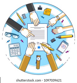 Businessman signs bank financial form of money credit with employees helps him and explains the terms of loan, contract signing vector illustration, top view of desk with people hands. 