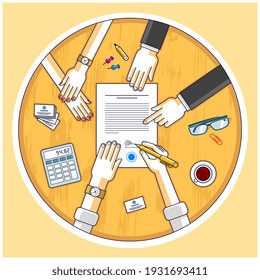 Businessman signs bank financial form of money credit with employees helps him and explains the terms of loan, contract signing vector illustration, top view of desk with people hands. 