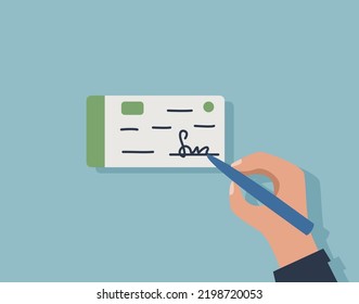A businessman signs a check for payment or a checkbook. Vector illustration flat cartoon style.
