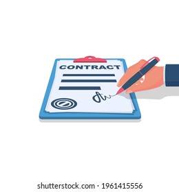 Businessman signs a contract. Clipboard with documents. Legal paper. Vector illustration flat design. Isolated on background. Signing business document, autograph. Pen in hand.