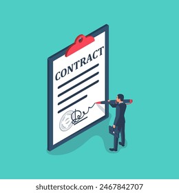 Businessman signs a contract. Document as a symbol of agreement. Legal paper. Vector illustration isometric 3d design. Isolated on background. Signing business document, autograph. Pen in hand.