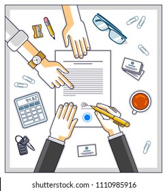 Businessman signs contract paper document or bank customer write a sign on financial form of money credit and employee helps him and explains the terms of loan, top view of people hands. Vector.