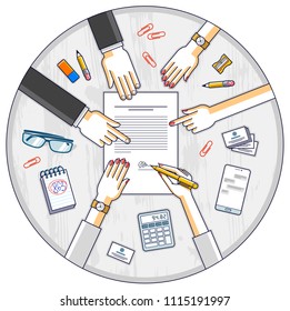 Businessman signs contract paper document or bank customer write a sign on financial form of money credit and employees helps him and explains the terms of loan, top view of people hands. Vector.