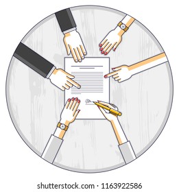 Businessman signs contract paper document or bank customer write a sign on financial form of money credit and employees helps him and explains the terms of loan, top view of people hands. Vector.