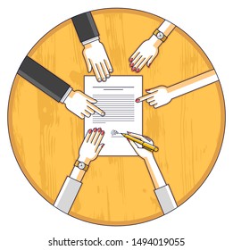 Businessman signs contract paper document or bank customer write a sign on financial form of money credit and employees helps him and explains the terms of loan, top view of people hands. Vector.