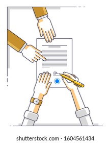 Businessman signs contract paper document or bank customer write a sign on financial form of money credit and employee helps him and explains the terms of loan, top view of people hands. Vector.