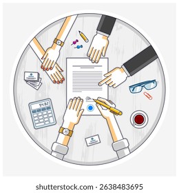 Businessman signs contract paper document or bank customer write a sign on financial form of money credit and employees helps him and explains the terms of loan, top view of people hands. Vector.