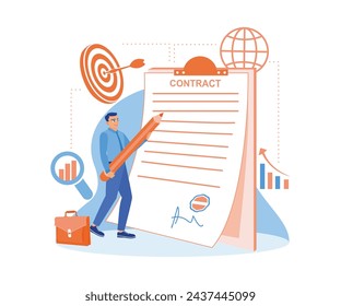 Businessman signs contract papers. Make a work agreement. Contract agreement concept. Flat vector illustration.