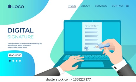 A businessman signs a contract using an electronic signature.Businessman's hands flash drive and document.Business activity concept of successful negotiations and agreements.Flat vector illustration.