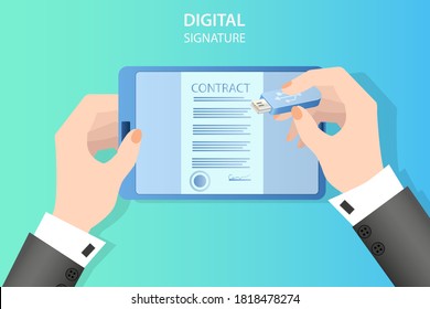 A businessman signs a contract using a tablet computer and a digital signature.Business activity concept of successful negotiations and agreements.Flat vector illustration.