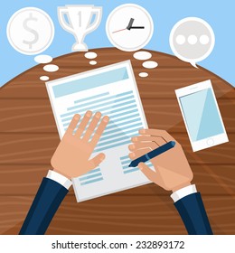 Businessman signs up document on wood table. Man signs document stamped handle puts his signature cartoon flat design style