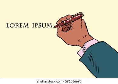 Businessman signs a document with a pen. Pop art retro vector illustration