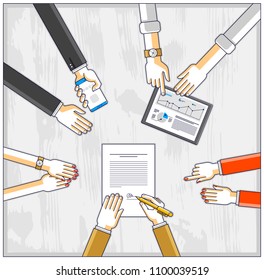 Businessman signs a document while team of business people presenting and explaining to him their analytics and plan, credit loan for startup investor, top view of people hands. Vector illustration.