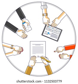 Businessman signs a document while team of business people presenting and explaining to him their analytics and plan, credit loan for startup investor, top view of people hands. Vector illustration.