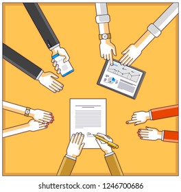 Businessman signs a document while team of business people presenting and explaining to him their analytics and plan, credit loan for startup investor, top view of people hands. Vector illustration.