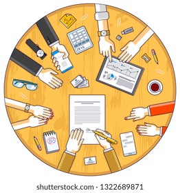 Businessman signs a document while team of business people presenting and explaining to him their analytics and plan, credit loan for startup investor, top view of people hands. Vector illustration.