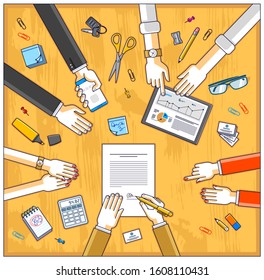 Businessman signs a document while team of business people presenting and explaining to him their analytics and plan, credit loan for startup investor, top view of people hands. Vector illustration.