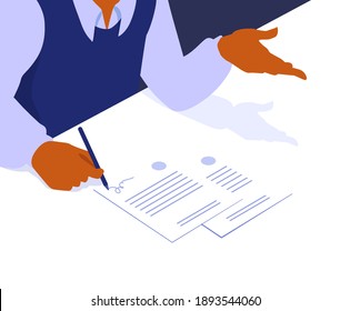 A businessman signs documents. The signature on a document, deal agreement papers, contract. A business man sitting at the table. A vector cartoon illustration. 