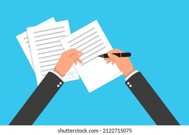 Businessman signs documents. Vector illustration