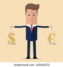 Businessman with signs dollar or euro in balance. Business concept . Vector illustration