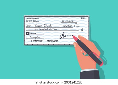 Businessman signs money check. Signature of a financial document. Bank check isolated on background. Vector illustration flat design. Template payment bank checks.