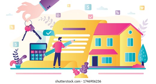 Businessman signs a mortgage agreement. Concept of house loan and buying home. Male character invest money in real estate.Finance management.Property money investment contract.Flat vector illustration