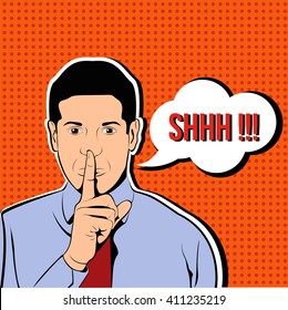 Businessman silent quiet gesture with finger. Man asking for silence pop art illustration