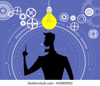 Businessman silhouette with bulb of idea as symbol of business creativity. Cartoon vector illustration.