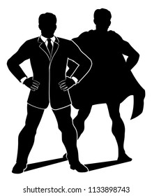 A businessman in silhouette with a caped super hero shadow