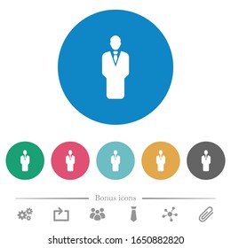 Businessman silhouette flat white icons on round color backgrounds. 6 bonus icons included.