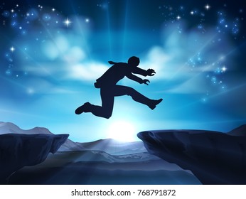 A businessman in silhouette jumping across a mountain or cliff top gap. A concept for taking a leap of faith, being courageous or taking high risks in business. 