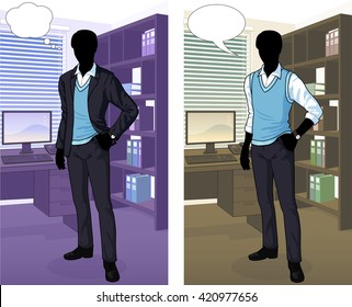Businessman silhouette in office interior scene with detailed background vector  illustrations variation set