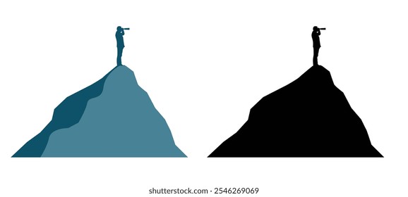 Businessman Silhouette on Top of Mountain Looking through Spyglass. Business, success, achieving goals and searching for solutions vector art