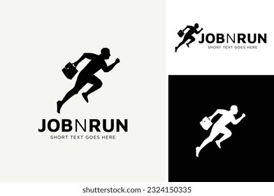 Businessman Silhouette Running Fast, Sprint Athlete bring office briefcase bag for Job Run Business Logo design