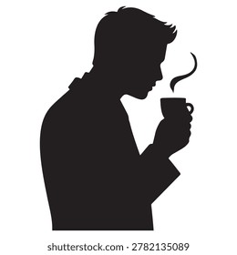 A businessman silhouette standing and drinking coffee, with one hand holding a coffee cup near his mouth Vector Black silhouettes. with white background

