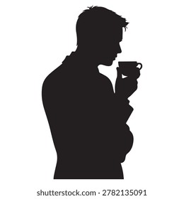 A businessman silhouette standing and drinking coffee, with one hand holding a coffee cup near his mouth Vector Black silhouettes. with white background
