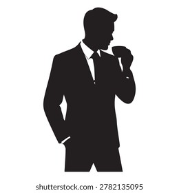 A businessman silhouette standing and drinking coffee, with one hand holding a coffee cup near his mouth Vector Black silhouettes. with white background
