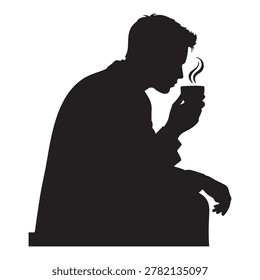 A businessman silhouette standing and drinking coffee, with one hand holding a coffee cup near his mouth Vector Black silhouettes. with white background
