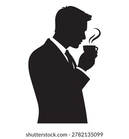 A businessman silhouette standing and drinking coffee, with one hand holding a coffee cup near his mouth Vector Black silhouettes. with white background
