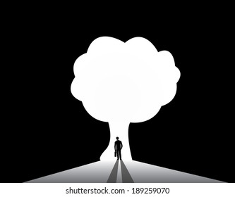 Businessman silhouette standing front of big tree shape door. nicely dressed business man silhouette in suit with suitcase stand thinking at the edge of a bright white tree shaped door
