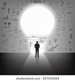 Businessman silhouette standing front of big idea lightbulb door. Vector Illustration